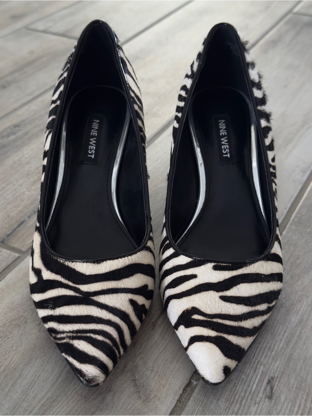 Nine West Black & White Zebra Print Pointed Kitten Heels